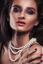 beauty young sencual woman with jewellery close up, luxury portrait of rich real girl, party makeup Royalty Free Stock Photo