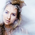 Beauty young snow queen with hair crown on her head, complicate hairstyle, winter concept Royalty Free Stock Photo