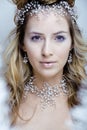 Beauty young snow queen with hair crown on her head, complicate hairstyle, winter concept Royalty Free Stock Photo