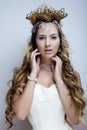 Beauty young snow queen with hair crown on her head, complicate hairstyle, winter concept Royalty Free Stock Photo