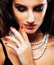 Beauty young woman with jewellery close up, luxury portrait of rich real girl, party makeup Royalty Free Stock Photo