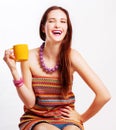 Beauty young woman with yellow cup Royalty Free Stock Photo