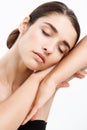 Beauty Youth Skin Care Concept - Close up Beautiful Caucasian Woman Face Portrait with relax sleep gesture. Beautiful