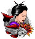 Beautyful Geisha women with koi carp fish.hand drawn and doodle style.Japanese Royalty Free Stock Photo