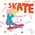 Beautyful girl with golden hair on pink skateboard. Poster for sportsmen skateboarders with text `Skate`. Vector illustration.