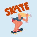 Beautyful girl on skateboard. Cool chick does a trick. Poster for skateboarders with text `Skate`. Vector illustration.