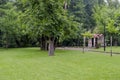 Beautyful landscape with chapel after rain in cool nook of park Rila