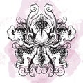 Beauyiful graphic orhid flower on watercolor background. Vector hand-drawn bohemian illustration. Tattwo art, oriental motifs.