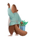 The beaver in apron holding a metal bucket with green leaves isolated on white background