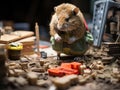 Beaver building toy dam in builder outfit