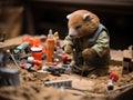 Beaver building toy dam in builder outfit