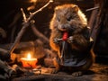 Beaver carpenter holding toy hammer in warm light