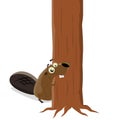 Funny cartoon illustration of a beaver biting in a tree