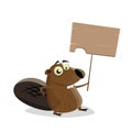 Funny cartoon beaver holding a blank sign