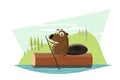 Funny cartoon beaver riding on a tree log
