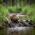 A beaver (Castor canadensis) stands on a dam made of interwoven branches and Royalty Free Stock Photo