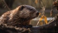 Beaver chomps on autumn nutria by pond generated by AI Royalty Free Stock Photo