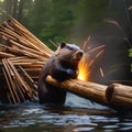 A beaver constructing a New Years dam, using logs as fireworks burst overhead5