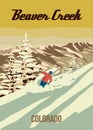 Beaver Creek Ski Travel resort poster vintage. Colorado USA winter landscape travel card