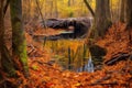 beaver dam in autumn with colorful foliage