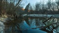 Beaver dam on a riverbed. River beaver Castor fiber - beaver family Castoridae. A sturdy structure in a river, a flooded forest. D