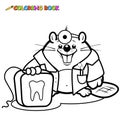 Beaver dentist holding a dental floss. Vector black and white coloring page