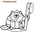 Beaver dentist with a toothbrush. Vector black and white coloring page.