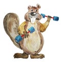 Beaver with dumbbells. Character in the style of cartoons. Illus