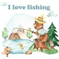 Watercolor camping card with beaver fisherman, lake, mountains, trees