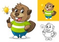 Beaver Get an Idea with Light Bulb Cartoon Character Mascot Illustration