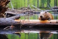 a beaver gnawing on fallen logs near a pond