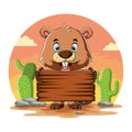 The beaver holding the blank wooden board and standing near the cactus