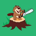 Beaver holding a chainsaw standing on a stump on a green background, illustration Royalty Free Stock Photo