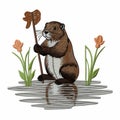 Cute Beaver Embroidery: Meticulous Technique With Nature-inspired Patterns