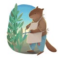 The beaver like human in jeans, sweater and apron holding a scissors and pruning leaves
