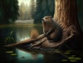 A beaver meticulously chews through a tree for its future dam. AI generation