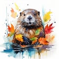 Vibrant Watercolor Beaver Artwork With Fallen Leaves