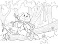 Beaver sits on tree in forest, holding branch in his teeth. Coloring book.