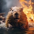 a beaver in water with fire behind it