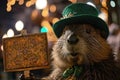 A beaver wearing a green hat and holding up an easel, AI