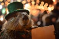 A beaver wearing a green hat and holding up a sign, AI