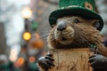 A beaver wearing a green hat holding up a wooden sign, AI Royalty Free Stock Photo