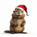 Adorable Beaver With Red Nose And Santa Hat - 3d Rendering