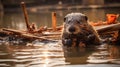 A beaver working on building a dam with found wood on a lake, natural habitat