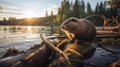 A beaver working on building a dam with found wood on a lake, natural habitat Royalty Free Stock Photo