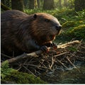 A beaver working on a dam in a flowing forest stream Royalty Free Stock Photo