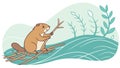 Beavers building dam in river wildlife, engineering nature, vector design Generative AI Royalty Free Stock Photo