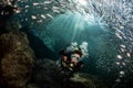 Beaytiful Latina Diver Inside a school of fish