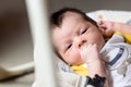 Bebe with yellow and white body lying on baby hammock Royalty Free Stock Photo