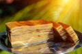 Bebinca, traditional Goan dessert from coconut milk dough, sweet Indian pudding on a metal plate, close up. Goan-Portuguese pie, Royalty Free Stock Photo